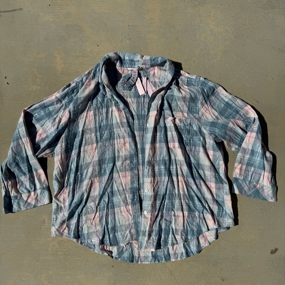 Victoria's Secret Long Sleeve Plaid Pajama Shirt With Scrunchie, NWT, Size XXL